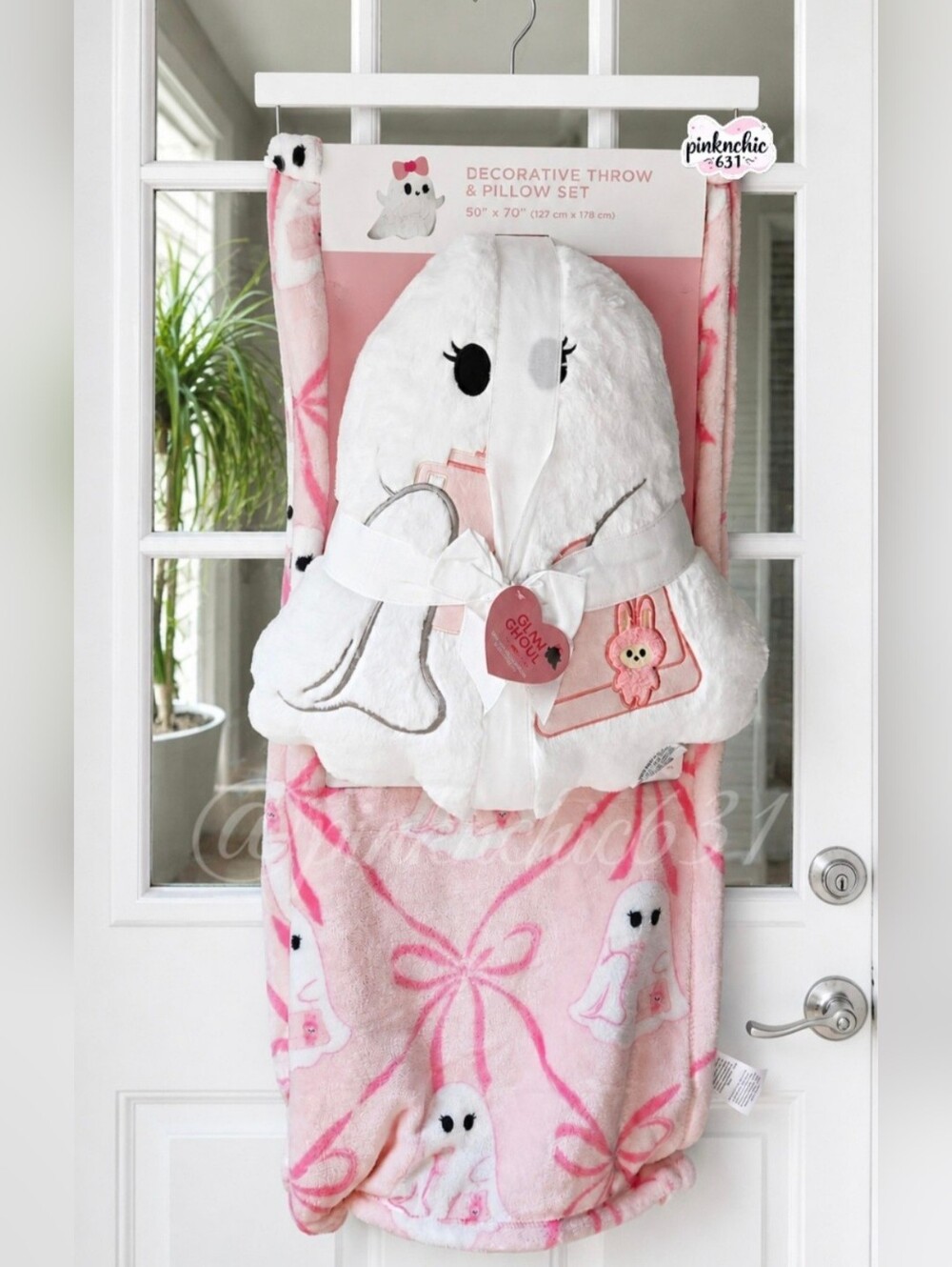 Ghost Pillow Embroided Purse Labubu Holding Tumbler Pink Bow Plush Throw Blanket